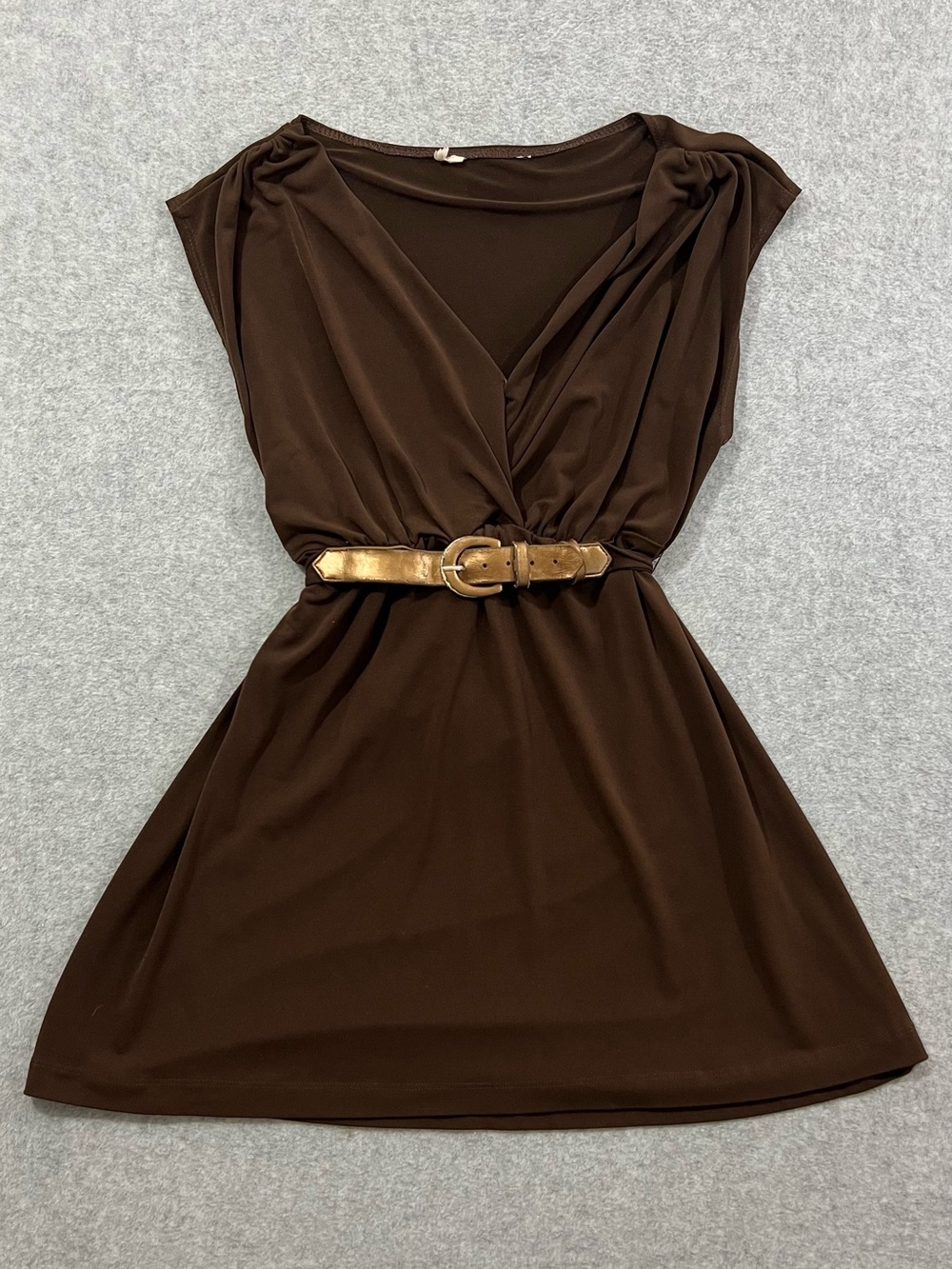 Y2K Brown V-Neck Short Sleeve Belted Tie Back Top Size Extra Small
